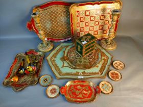 A collection of Italian wooden antique trays, wooden candle sticks & other items [60cm]