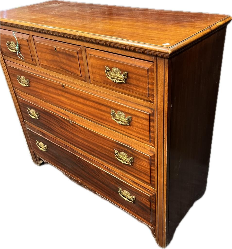 19th century mahogany chest of drawers; three small drawers over three long drawers. [103x115x48cm] - Image 2 of 3
