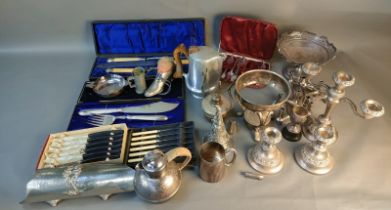 A collection of silver plated boxed cutlery & chocolate pot & McKay & Chisholm Edinburgh comport