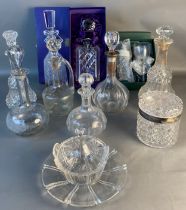 A collection of crystal & Victorian glass; Silver hall marked collard decanter & Victorian decanters