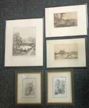 Five Artworks; A pair of etching's depicting ''Old Oaks At Bancliffe'' dated 1875 and ''Banner
