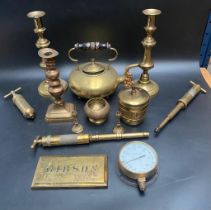 A collection of antique brass ware; Gibson wall plaque, brass candlesticks & kettle