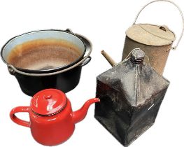 A collection of vintage salvage items; vintage watering can, jelly pan, vintage pyramid oil can &