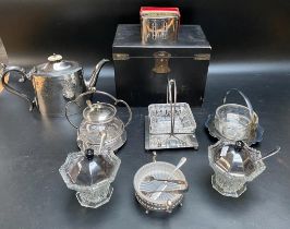 A box of silver plated glass ware; silver plated Victorian tea pot & antique box