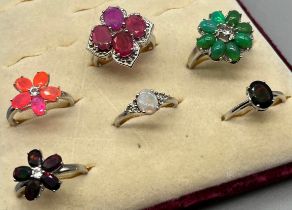 A Selection of six various silver 925 ring set with opal and opalescent stones.