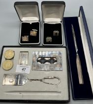 Selection of silver and collectables; Import London silver letter opener with box, Two pairs of