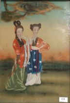 Antique Chinese reverse painting on glass depicting two lady figures wearing traditional gowns.