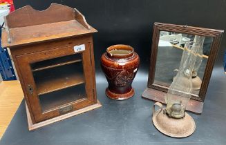 A collection of antique items; Victorian smokers cabinet, antique shaving mirror & Buchan pottery