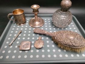 A collection of silver hall marked items; birmingham silver Christening cup, Dutch white metal snuff