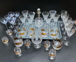 A collection of art glass & crystal glasses; Beaconsfield goblets, white metal collard decanter &