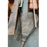 A Large antique blacksmiths bellows- with wooden stand and handle tool. [Approx 5 foot]