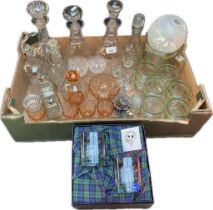 A collection of 19th century glass ware; 3 Irish Victorian glass decanters, vintage lemonade set,
