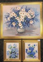 Three Artworks Oil on canvas depicting still life of different flowers, signed to the bottom left