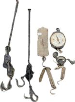 A collection of antique & salvage collectables; antique salter scales & antique hanging iron farm