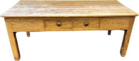 Large Antique pine table, the rectangular surface above two short drawers, the ends with