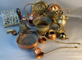 A collection of antique brass & copper wares; Victorian school bell, copper kettle & brass sprit