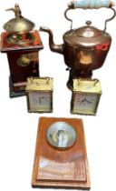 Two heavy brass smith carriage clocks, a vintage coffee grinder, copper sprit kettle on stand