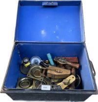 A Victorian deed box containing antique heavy brass door handles & antique measuring gauge