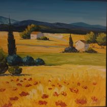 Large contemporary oil on canvas depicting a colourful landscape, signed to bottom left hand corner.