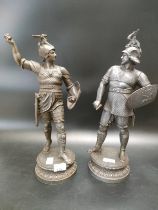 A Large pair of Centurion spelter figures supported on metal plinths [46cm]