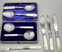 A Selection of mother of pearl handled flatwares; Boxed silver plate serving spoons, Pickle fork,