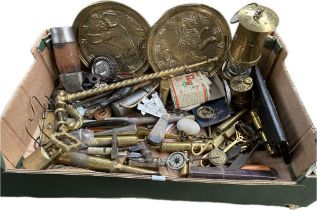 A box of various brass wares includes miners lamp, carbide lamp, blood letting tool, vesta case &