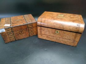 A Victorian Tunbridge sewing box & contents along with Edwardian inlaid jewellery box