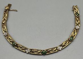 9ct yellow gold, Emerald and Diamond bracelet. [21cm length] [13.77grams]