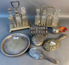 A selection of silver plated condiments sets with stands & silver plated ware items