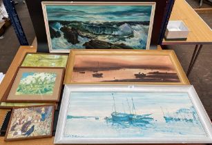 A collection of mixed art works; harbour scenes & rabbit pictures some signed