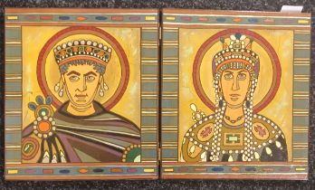 Two fold hand painted screen depicting portrait of Theodora (500-548) Empress of the Byzantine