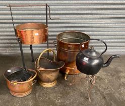 A selection of antique copper & brass ware; antique copper & cast iron spit roast with Scottish