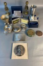 A selection of collectables; pair of brass thistle candle sticks , Scottish related quaich & desk