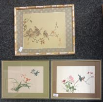 Three framed antique Chinese silk needle works depicting birds and floral design. [38x47cm]