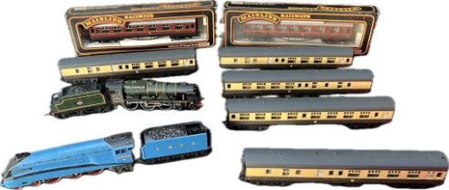 A collection of train models; 46100 Royal Scot train locomotive & tender, mallard 4468