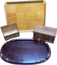 A collection of vintage trays; Scottish light oak tray & Bakelite tray along with two souvenir boxes