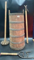 A Large antique butter churn bucket & collection of antique tools