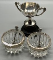 Birmingham silver Jubilee marked two handle cup, together with two silver rimmed salt dishes and