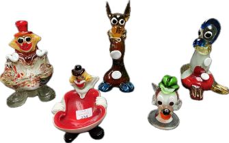 A collection of five Murano glass animals & clown figures & ashtrays [26cm]