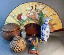 A collection of oriental wicker ware, large oriental hand painted fan & vases