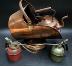 A 19th century copper coal skuttle, tea pot & 2 vintage oil cans