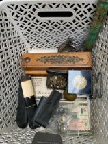 A box of collectables; antique spectacles & British army buttons