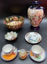 A collection of oriental ware includes satsuma geisha pattern vase & bowl