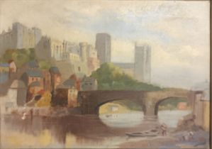 19th Century oil on canvas depicting Durham Cathedral and Framwellgate Bridge, unsigned. [Frame