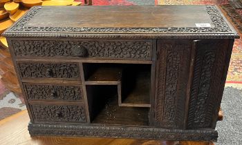 Antique Anglo Indian table top cabinet fitted with drawers, doors and pigeon holes. [38x63x23cm]