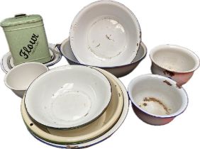 A collection antique kitchen enamel ware; flour tin & bowls