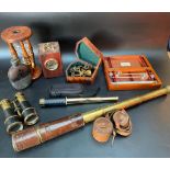 A selection of telescopes, hour glass, a reproduction sextant, Vintage hour glass boxed hydrometer &