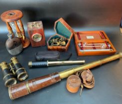 A selection of telescopes, hour glass, a reproduction sextant, Vintage hour glass boxed hydrometer &