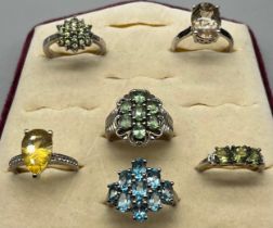 A Lot of Six various silver 925 rings set with various gem stones.