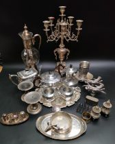 A collection of silver plated ware; A large 6 branch silver plated candleabra & silver plated